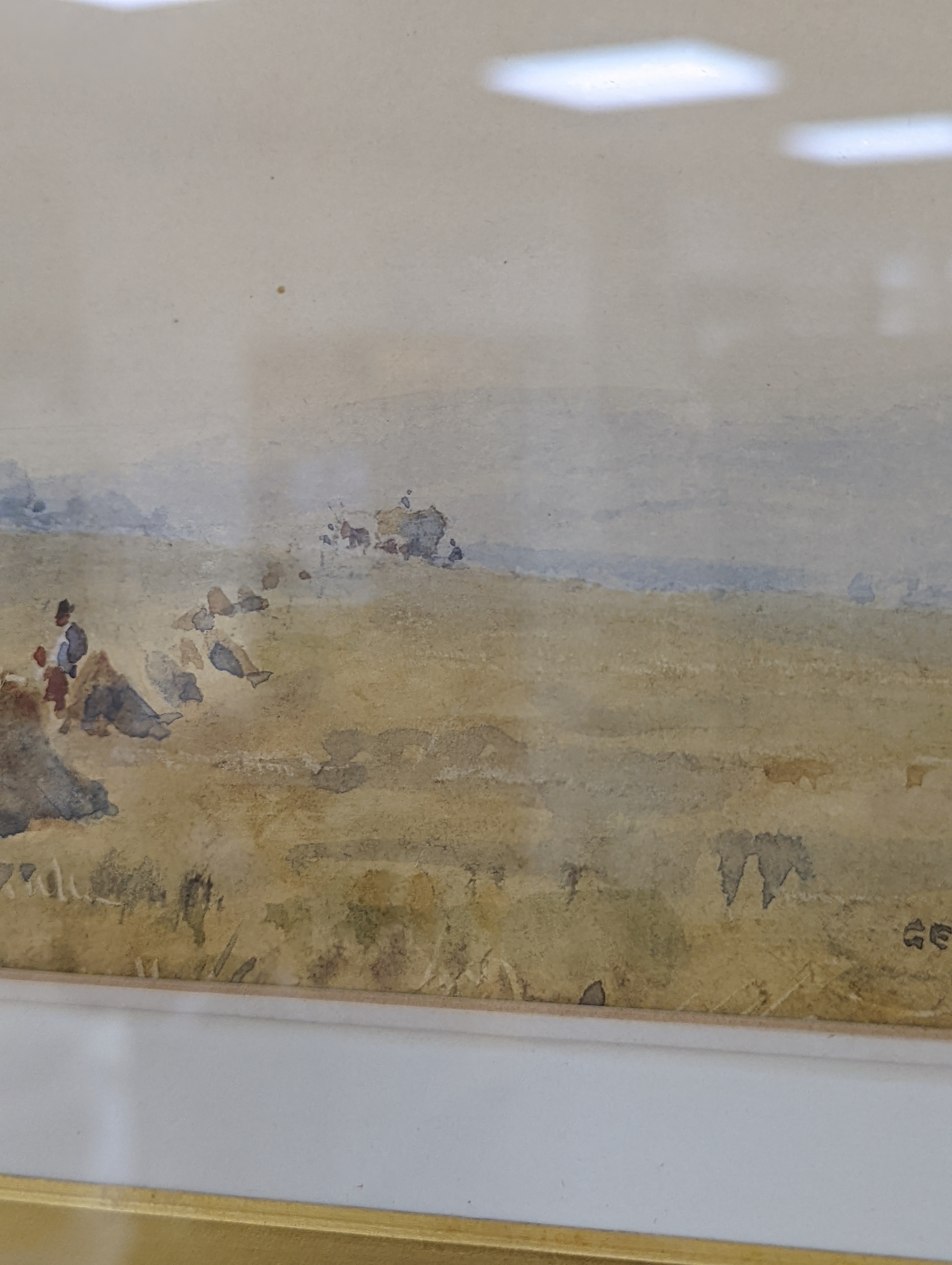 Arthur Gerald Ackermann (1876-1960), watercolour, 'Harvesting near Shoreham, Kent', signed, 23 x 50cm